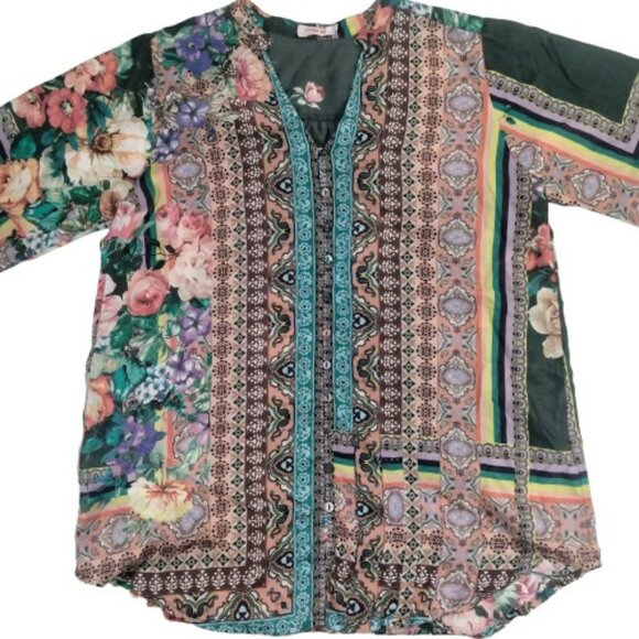 Johnny Was Size Small Multicolor Oversized Floral Silk Blouse Patchwork Boho - Picture 3 of 9